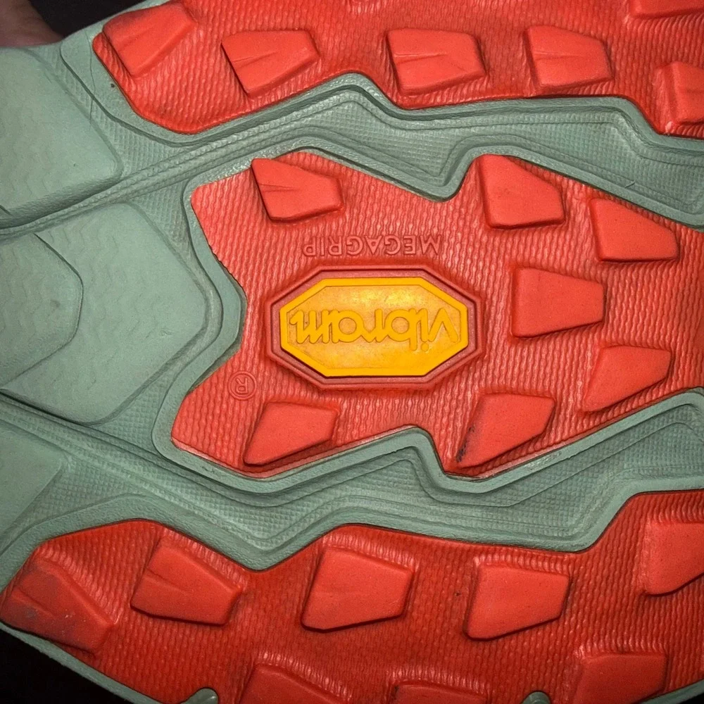 Hoka Zinal Mens 10.5D Vibram Megagrip Trail Running Shoes Red Orange Sneakers